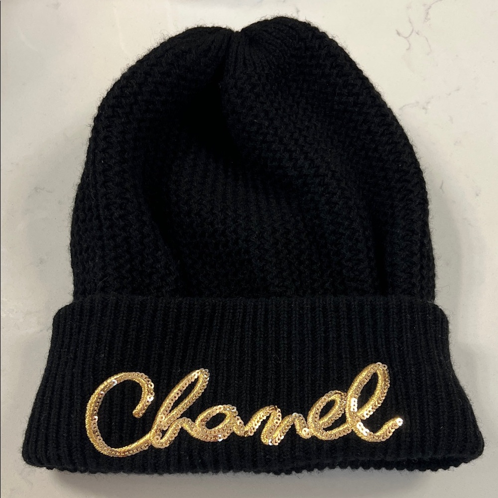CHANEL Black Knit Beanie with Gold Logo